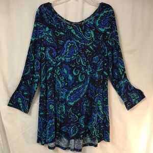 Cable & Gauge Women’s Tunic Top L Blue Green Swing Style Buttons in Back Soft